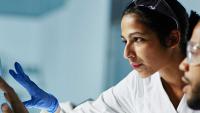 Scientists are working on a computer in a lab.
